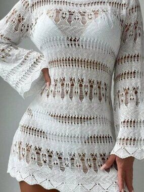 White Boho Women's Beach Hollow Out Scallop Trim Flounce Sleeve Cover Up Dress